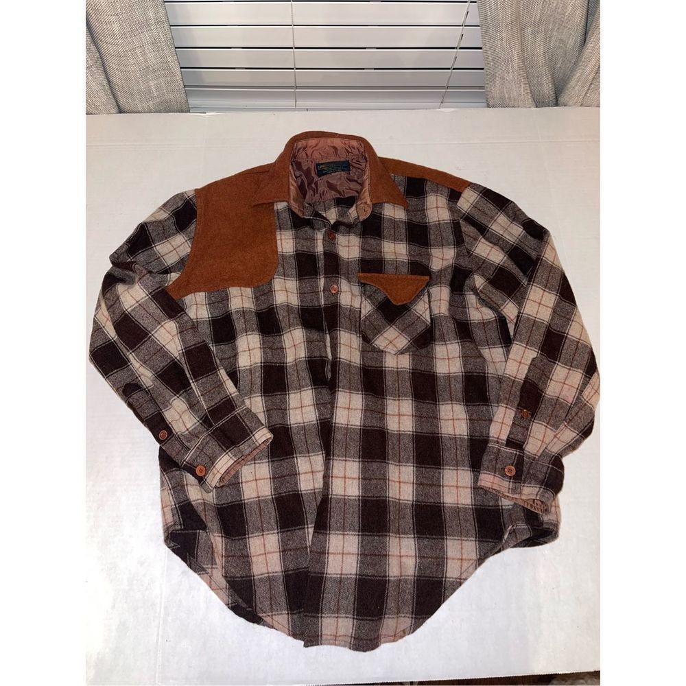 Vintage 70s 80s Kmart Men’s Wool Blend Button Down Flannel Plaid  Brown SZ Large